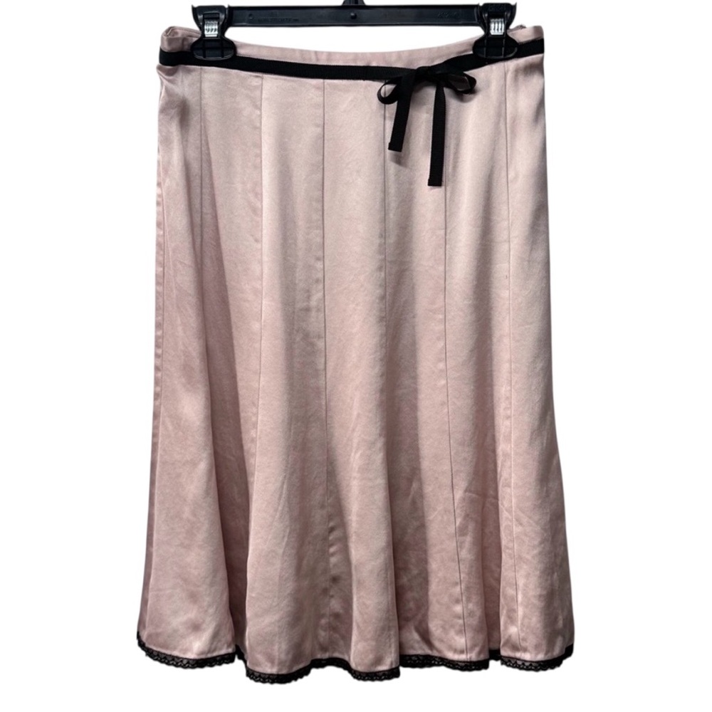 Express 100% Silk Blush Pink A-Line Midi Skirt Black Trim Bow Size 2